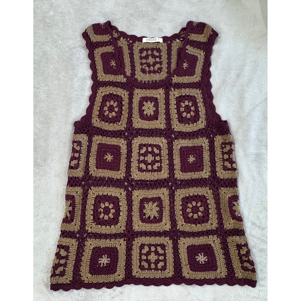 Umgee Womens Crochet Granny Square Sleeveless Top Burgundy Tan Boho Festival M/L